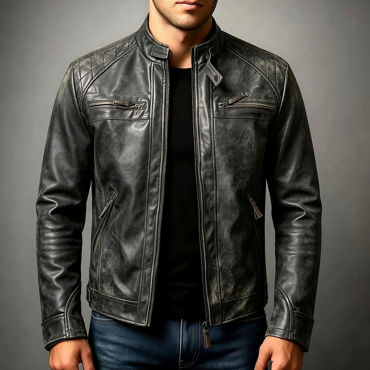James - Men's Stand Collar Leather Jacket