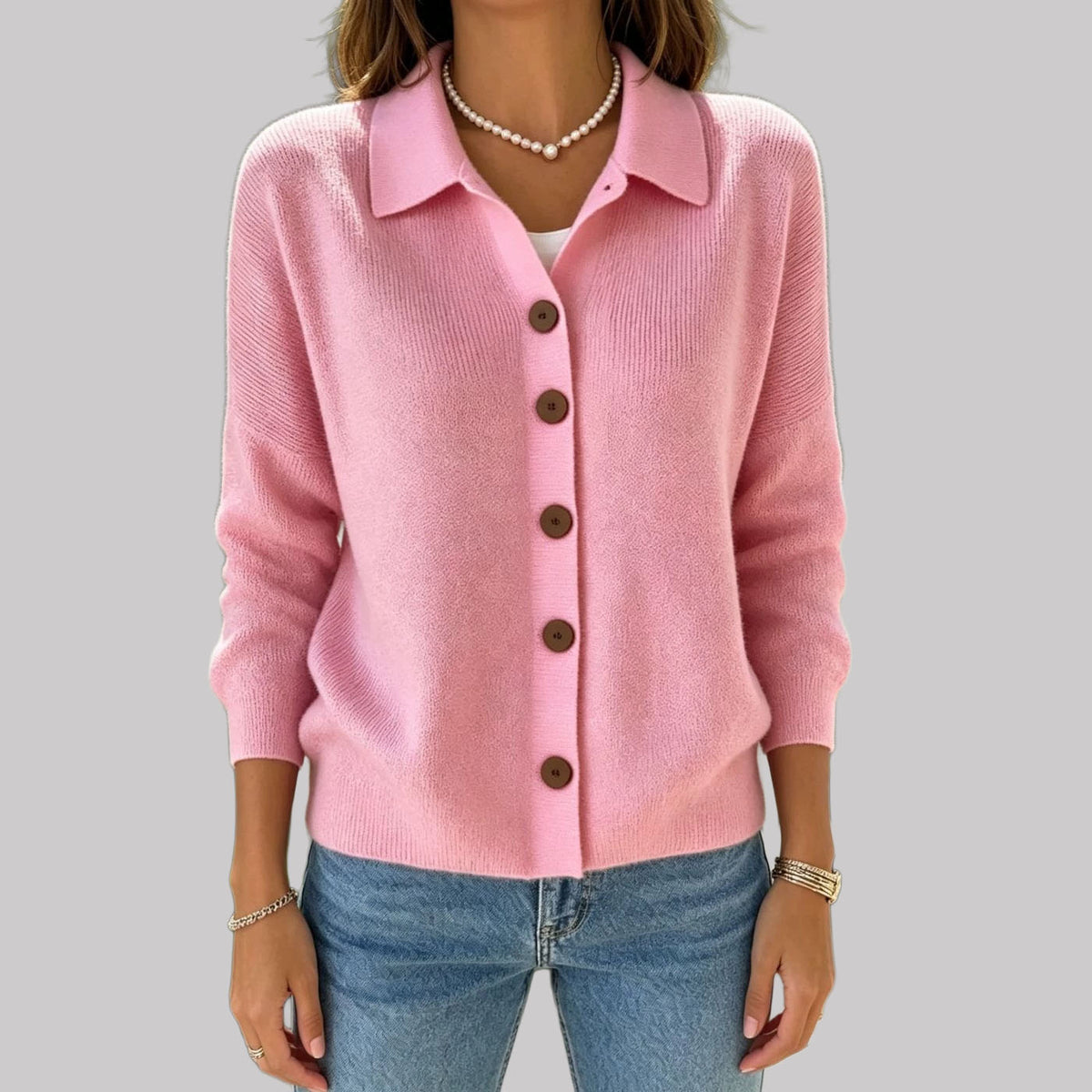 Janela - Women's Button Front Knit Collared Cardigan