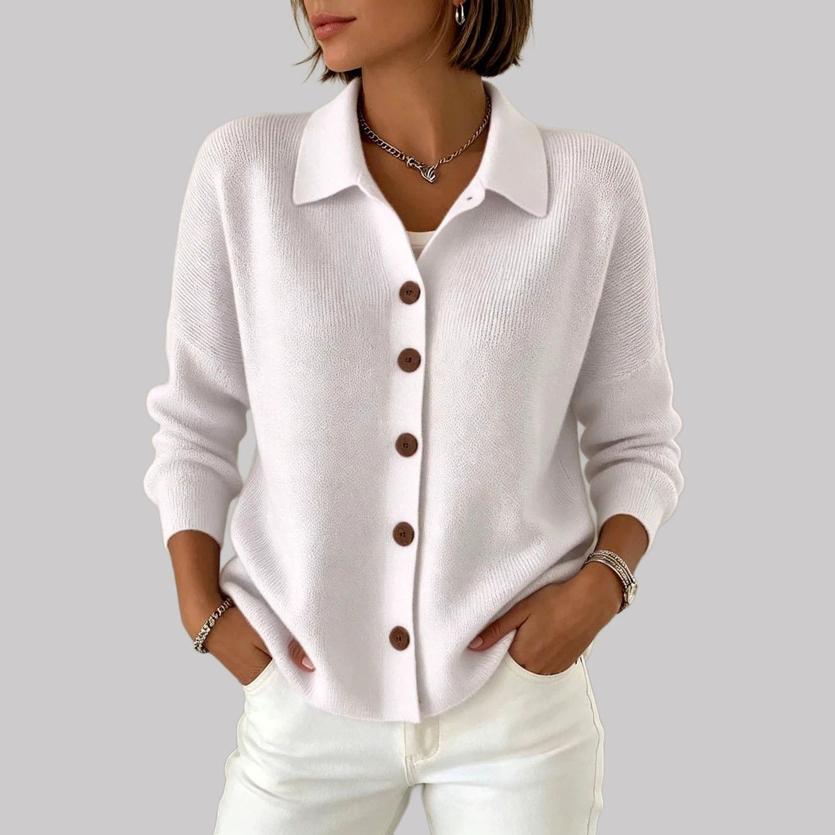 Janela - Women's Button Front Knit Collared Cardigan
