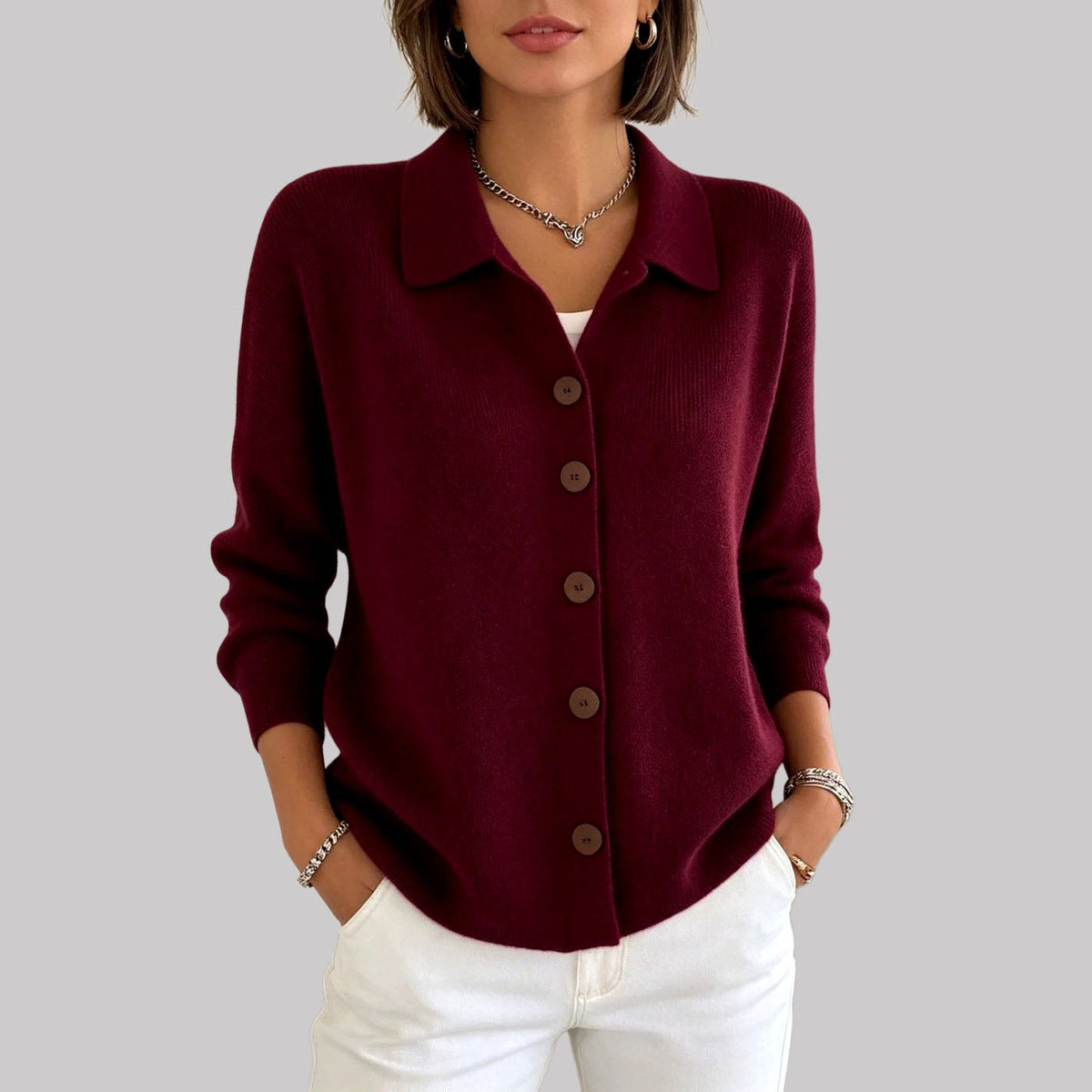 Janela - Women's Button Front Knit Collared Cardigan
