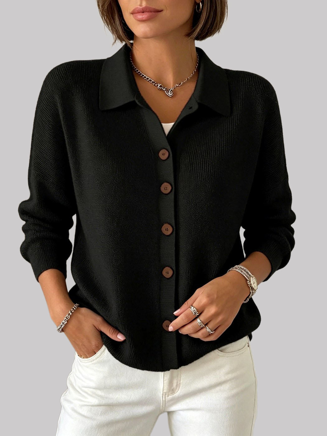 Janela - Women's Button Front Knit Collared Cardigan