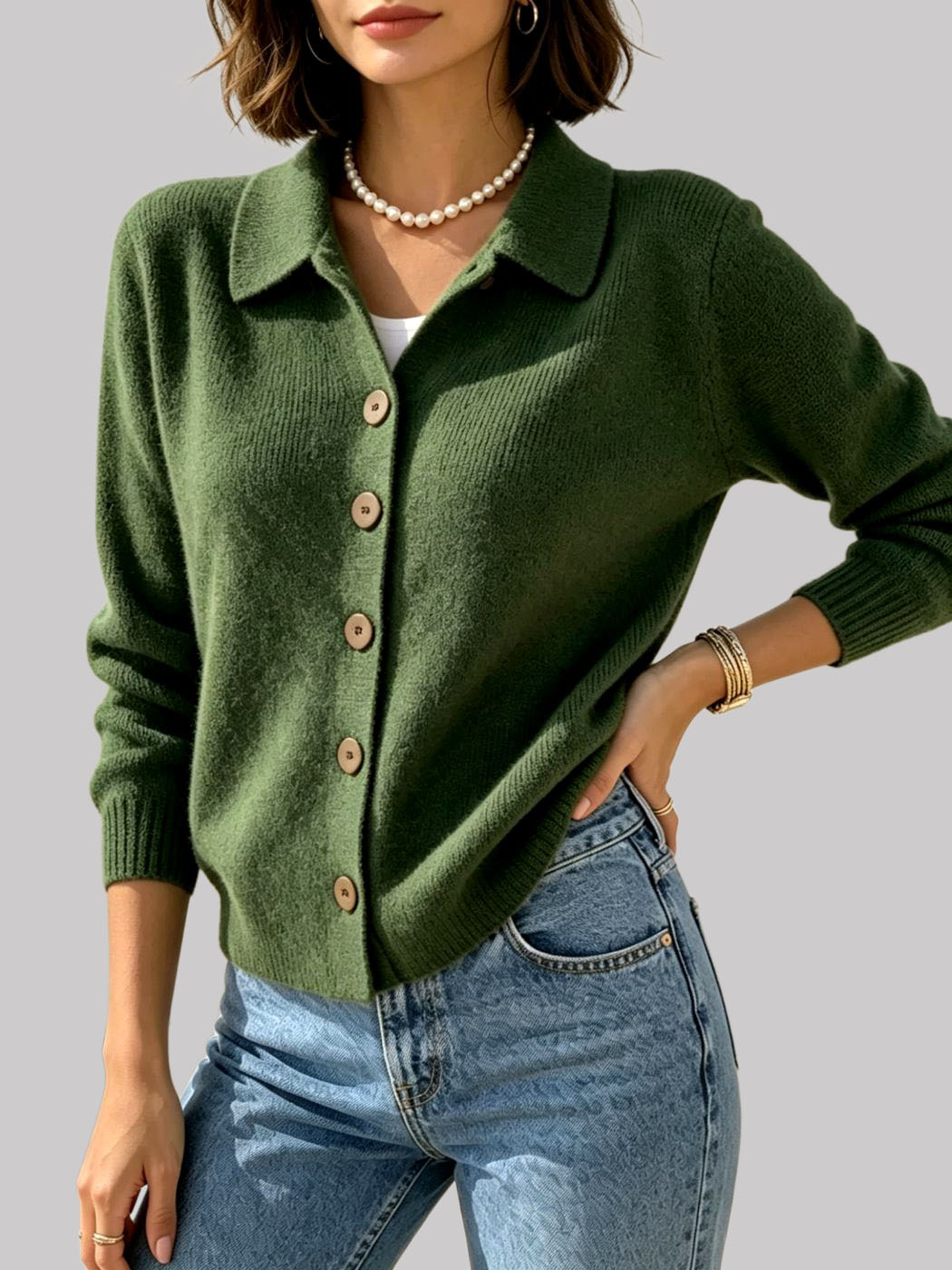 Janela - Women's Button Front Knit Collared Cardigan