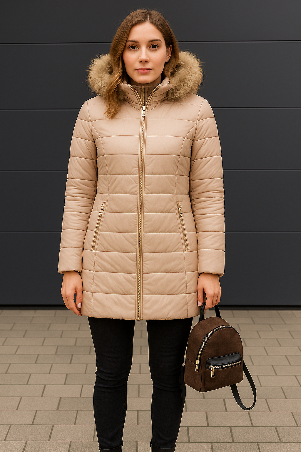 Women’s Fitted Hooded Puffer Coat with Plush Trim and Zipped Pockets – Longline Quilted Winter Outerwear for Elegant Everyday Cold-Weather Dressing