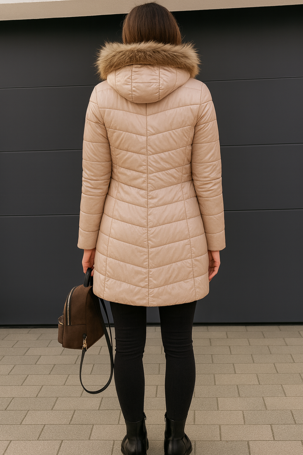 Women’s Fitted Hooded Puffer Coat with Plush Trim and Zipped Pockets – Longline Quilted Winter Outerwear for Elegant Everyday Cold-Weather Dressing
