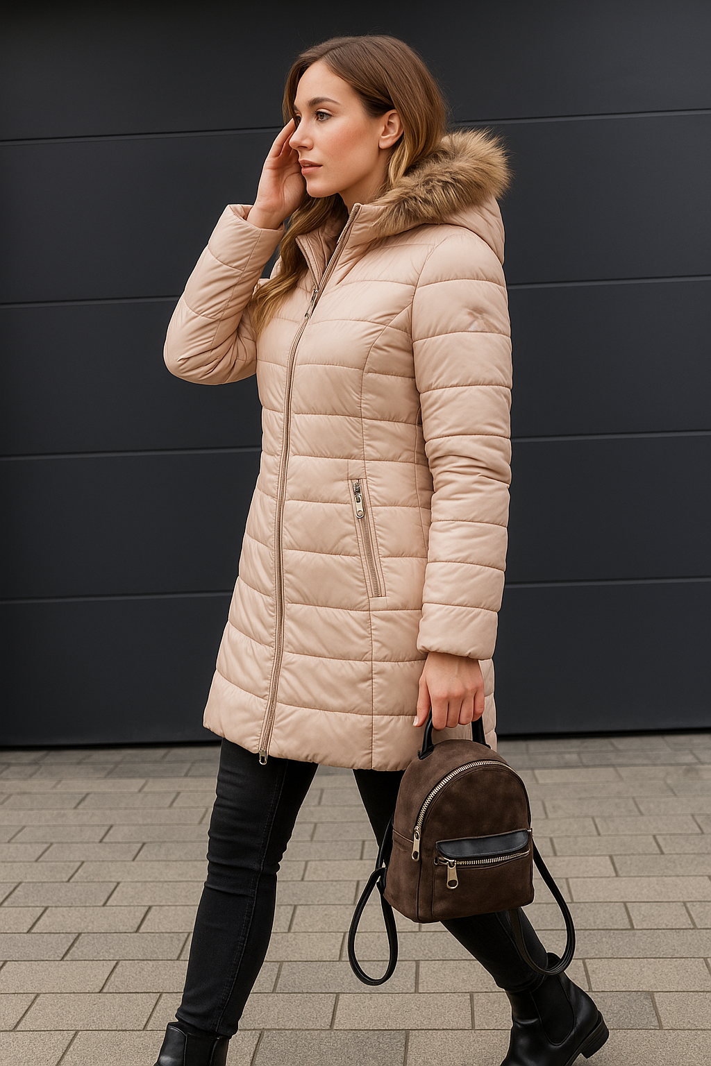 Women’s Fitted Hooded Puffer Coat with Plush Trim and Zipped Pockets – Longline Quilted Winter Outerwear for Elegant Everyday Cold-Weather Dressing