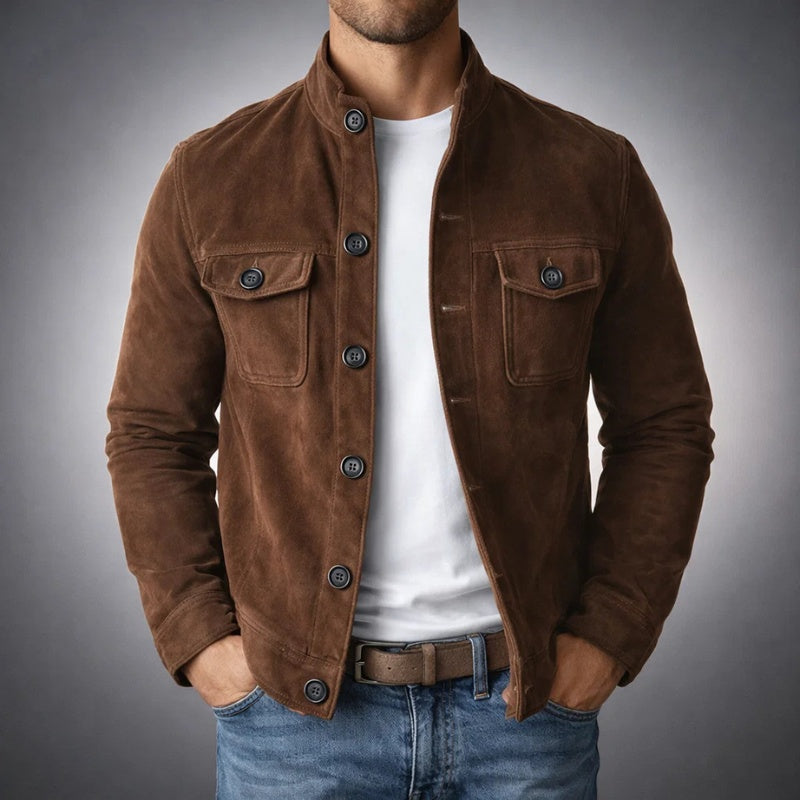 Everett | Men's Suede Jacket Flap Pockets Stand Collar