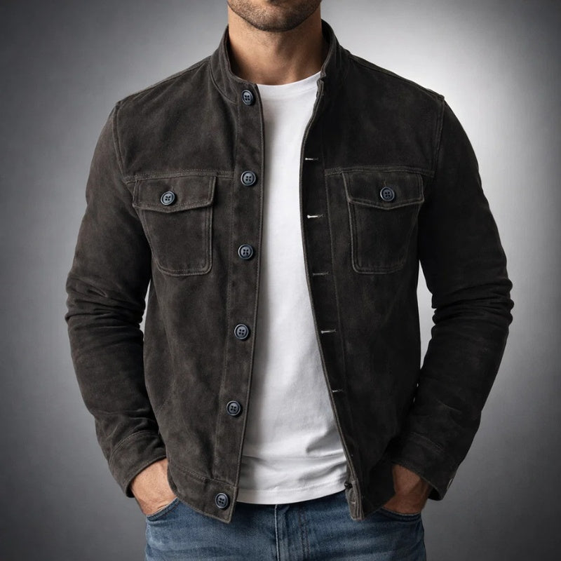 Everett | Men's Suede Jacket Flap Pockets Stand Collar