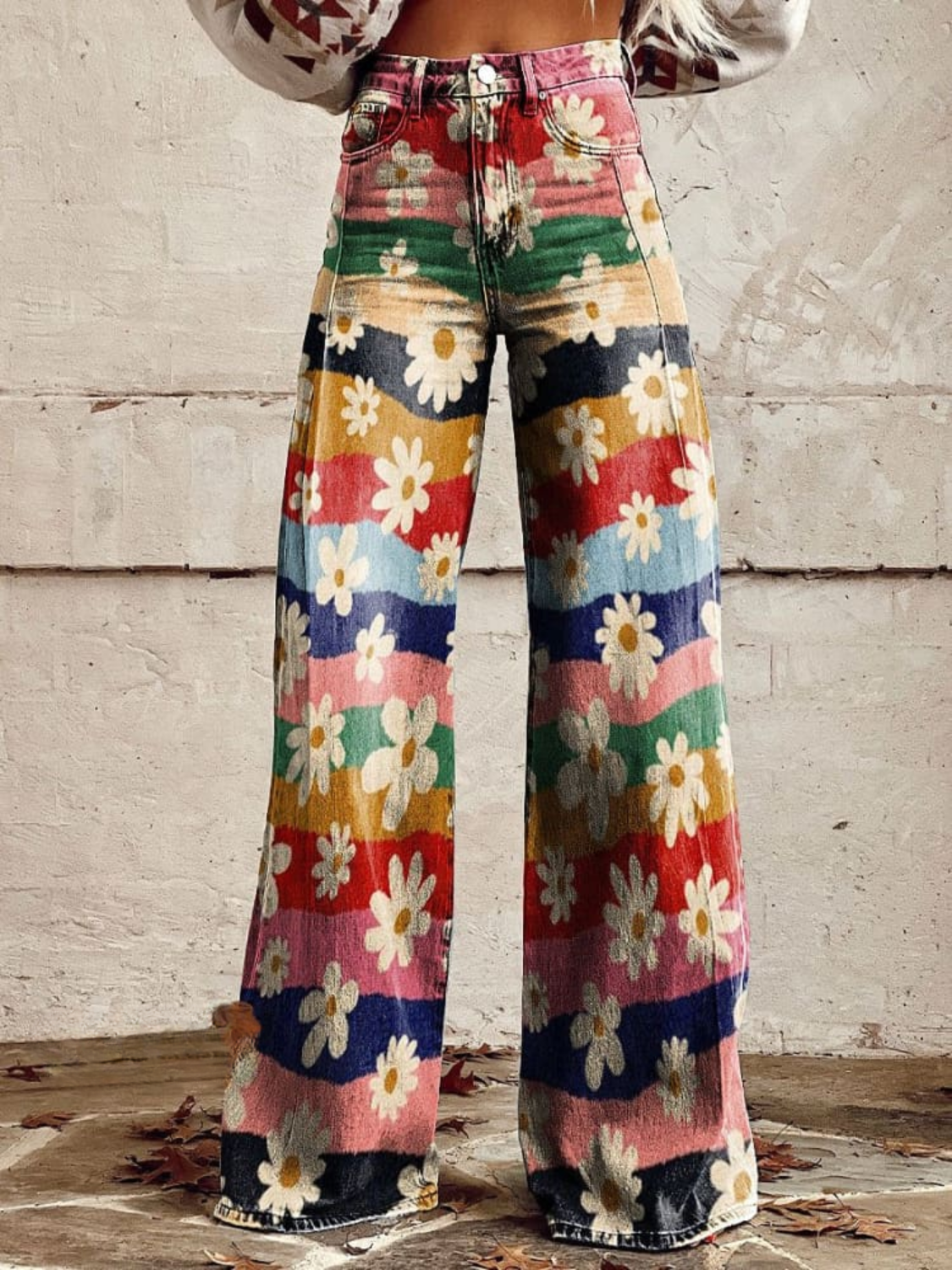 Women’s Floral Print Wide-Leg Jeans – High-Waisted Full-Length Vintage Denim