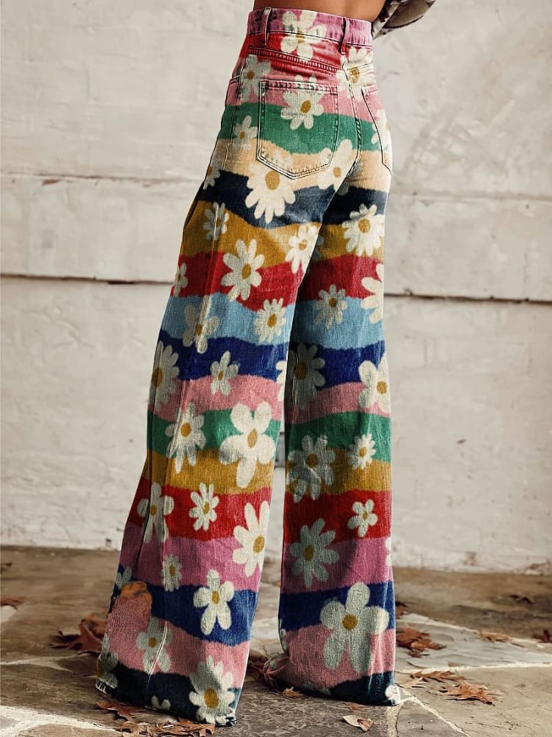 Women’s Floral Print Wide-Leg Jeans – High-Waisted Full-Length Vintage Denim