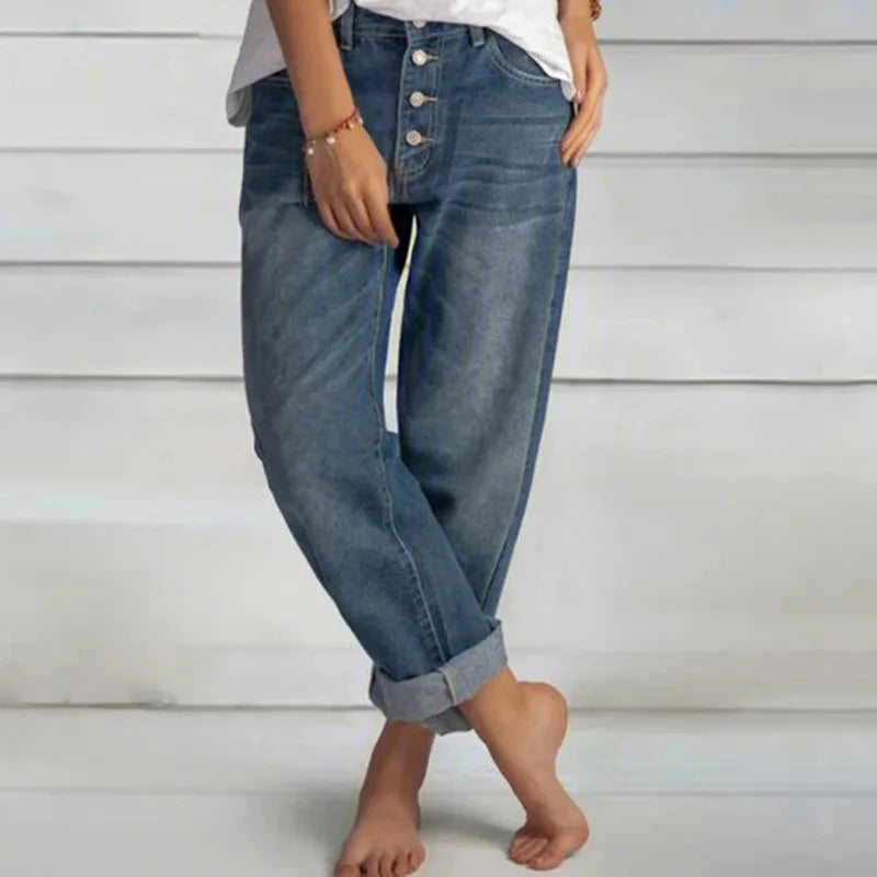 Women’s High-Waisted Cuffed Wide-Leg Jeans – Relaxed Button-Front Denim for Casual Weekend Travel and Everyday Transitional Styling