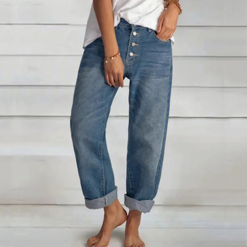 Women’s High-Waisted Cuffed Wide-Leg Jeans – Relaxed Button-Front Denim for Casual Weekend Travel and Everyday Transitional Styling