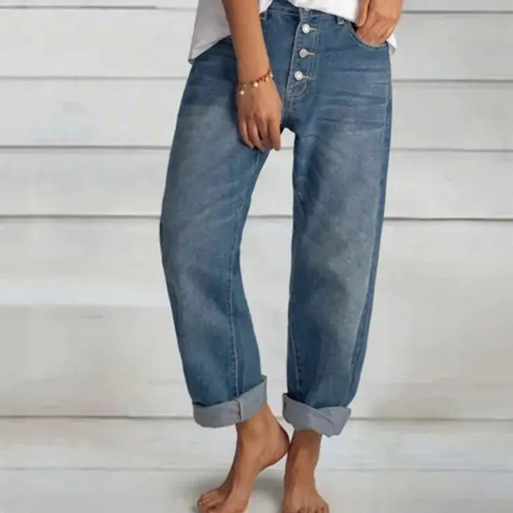 Women’s High-Waisted Cuffed Wide-Leg Jeans – Relaxed Button-Front Denim for Casual Weekend Travel and Everyday Transitional Styling