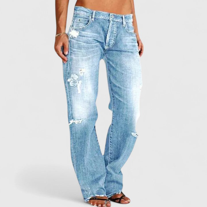 Women’s Relaxed Distressed Straight-Leg Jeans – Vintage-Inspired Full-Length Denim for Casual Streetwear Weekend Travel and Everyday Transitional Styling