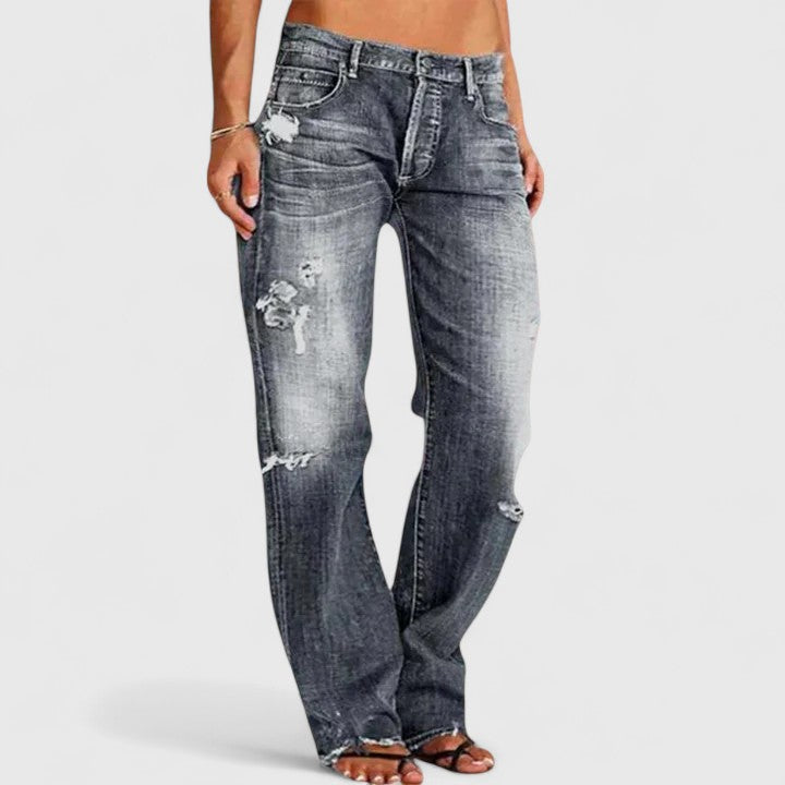 Women’s Relaxed Distressed Straight-Leg Jeans – Vintage-Inspired Full-Length Denim for Casual Streetwear Weekend Travel and Everyday Transitional Styling