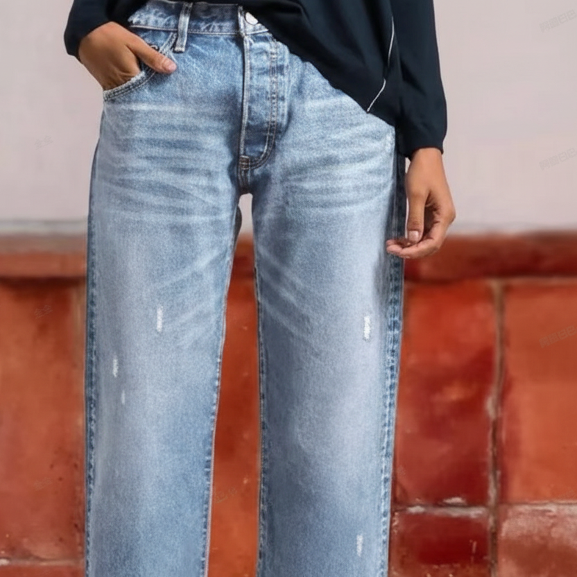 Women’s Cropped Straight-Leg Denim Jeans – High-Rise Light-Wash Retro Trousers with Frayed Hem for Spring Summer Weekend Travel and Everyday Casual Wear