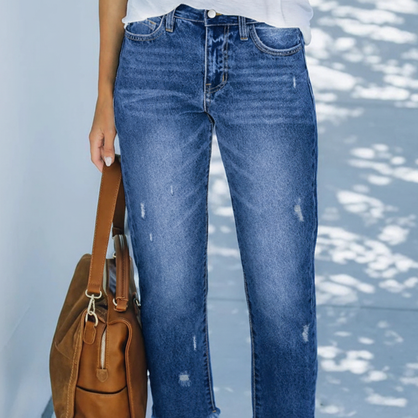 Women’s Cropped Straight-Leg Denim Jeans – High-Rise Light-Wash Retro Trousers with Frayed Hem for Spring Summer Weekend Travel and Everyday Casual Wear
