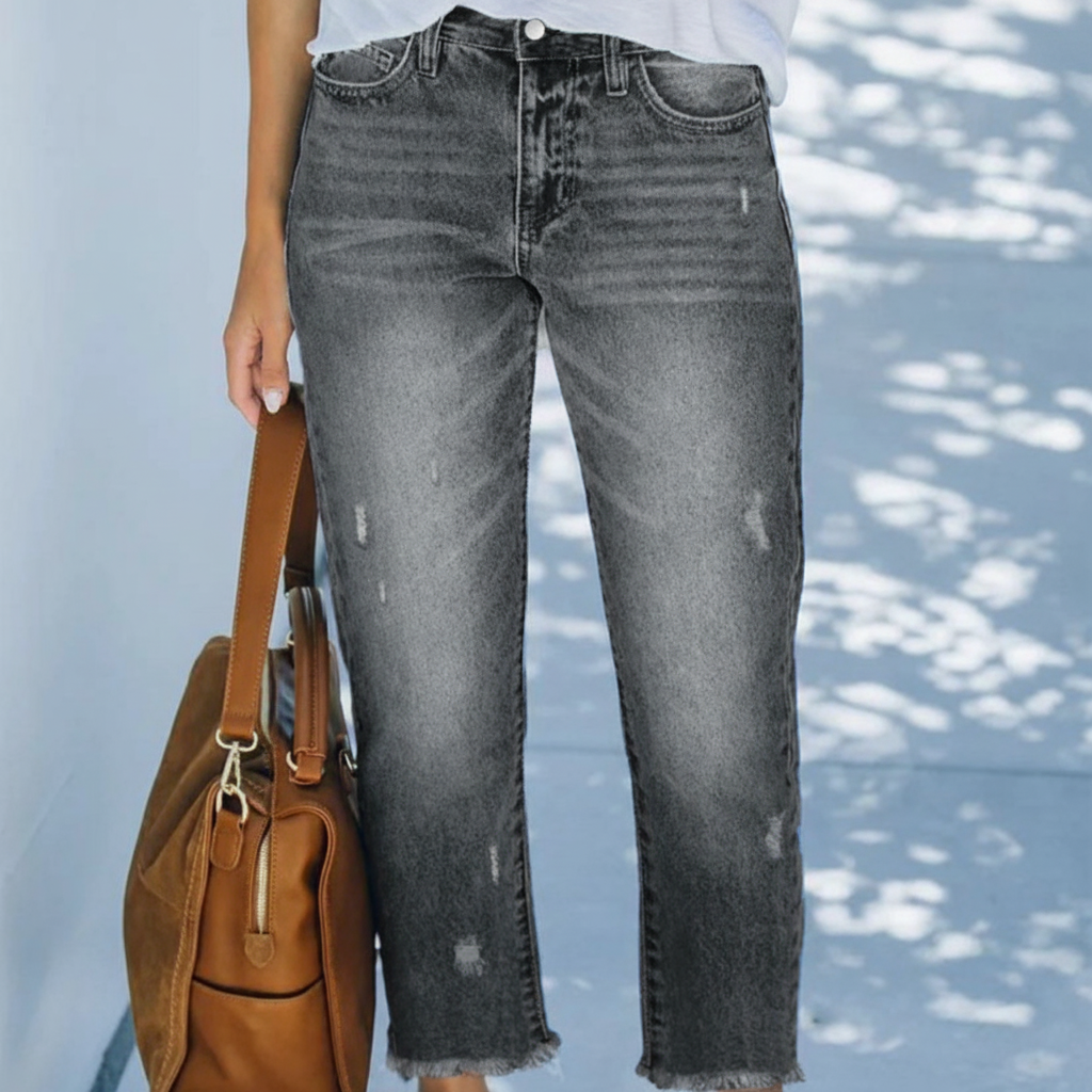 Women’s Cropped Straight-Leg Denim Jeans – High-Rise Light-Wash Retro Trousers with Frayed Hem for Spring Summer Weekend Travel and Everyday Casual Wear