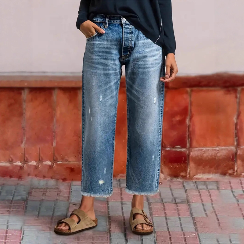 Women’s Cropped Straight-Leg Denim Jeans – High-Rise Light-Wash Retro Trousers with Frayed Hem for Spring Summer Weekend Travel and Everyday Casual Wear