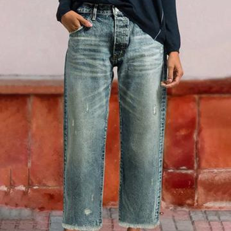 Women’s Cropped Straight-Leg Denim Jeans – High-Rise Light-Wash Retro Trousers with Frayed Hem for Spring Summer Weekend Travel and Everyday Casual Wear