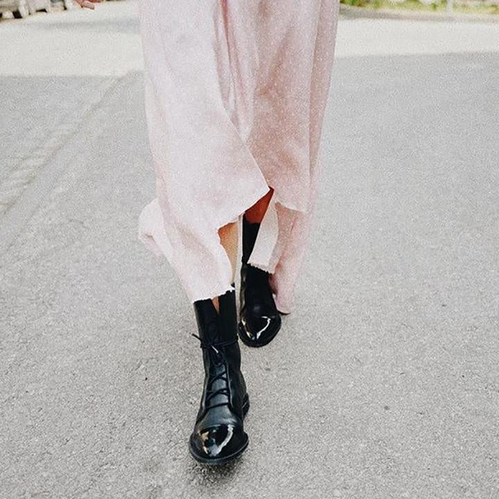 Michelle | Women's Flat Leather Combat Boots Lace Up Mid Calf