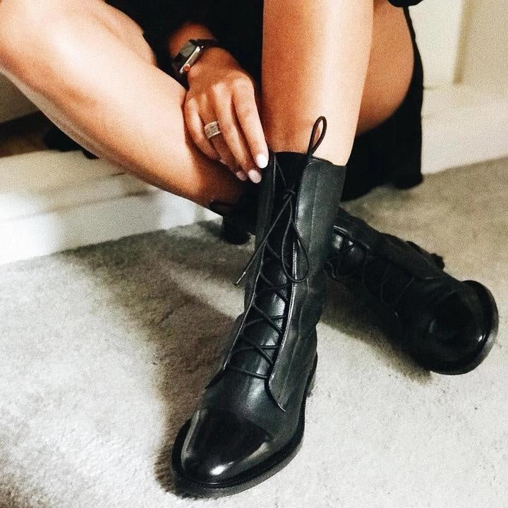 Michelle | Women's Flat Leather Combat Boots Lace Up Mid Calf