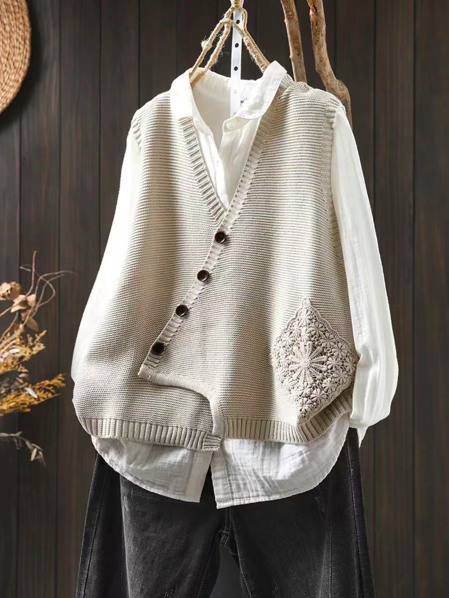 Avery | Women's Embroidered Sweater Vest V Neck Button Up