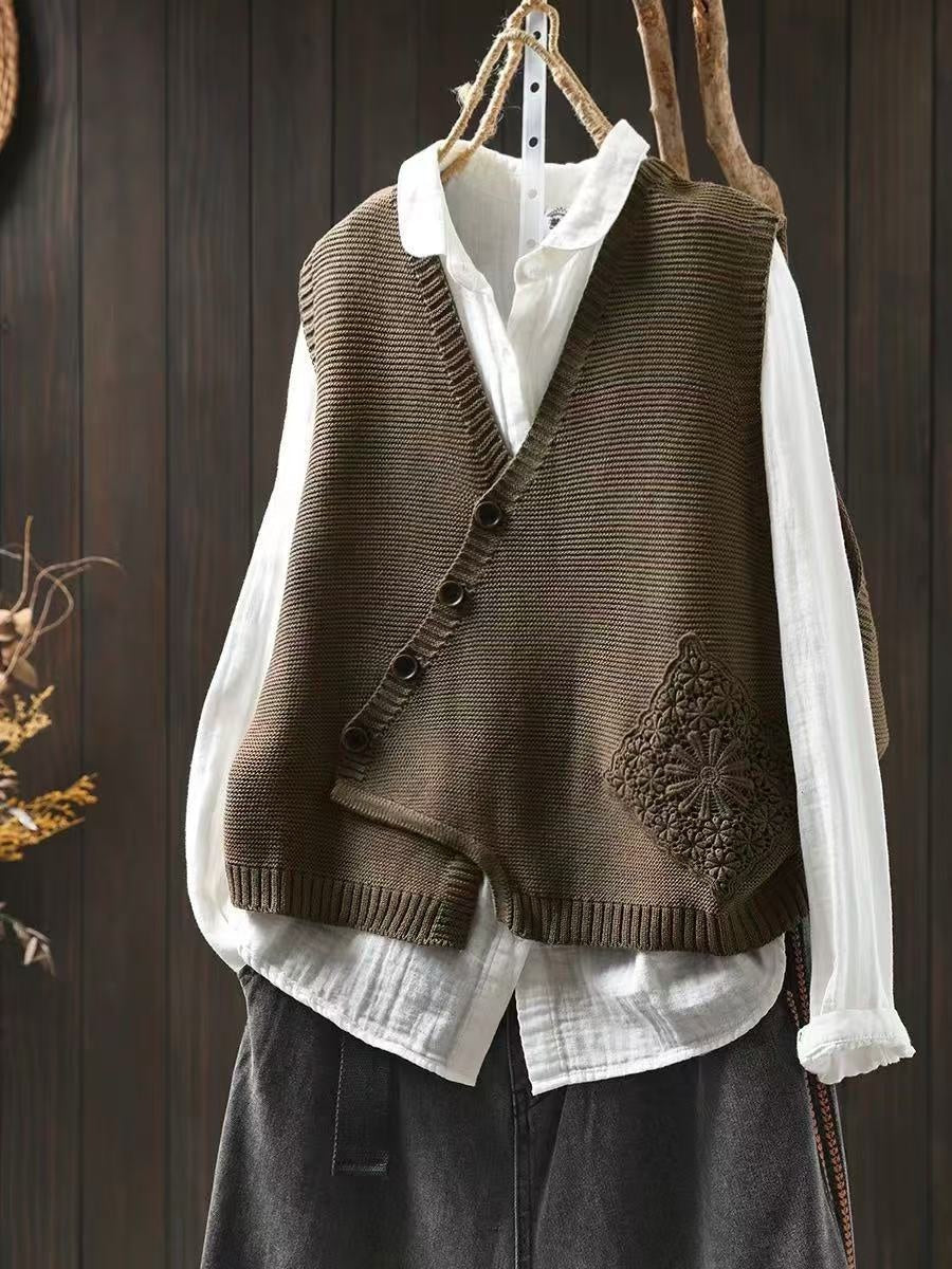 Avery | Women's Embroidered Sweater Vest V Neck Button Up