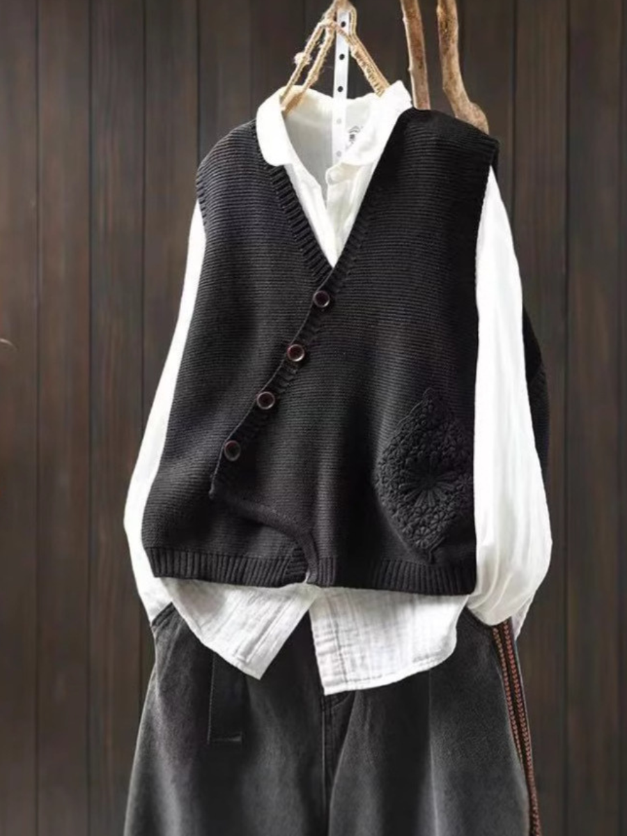 Avery | Women's Embroidered Sweater Vest V Neck Button Up