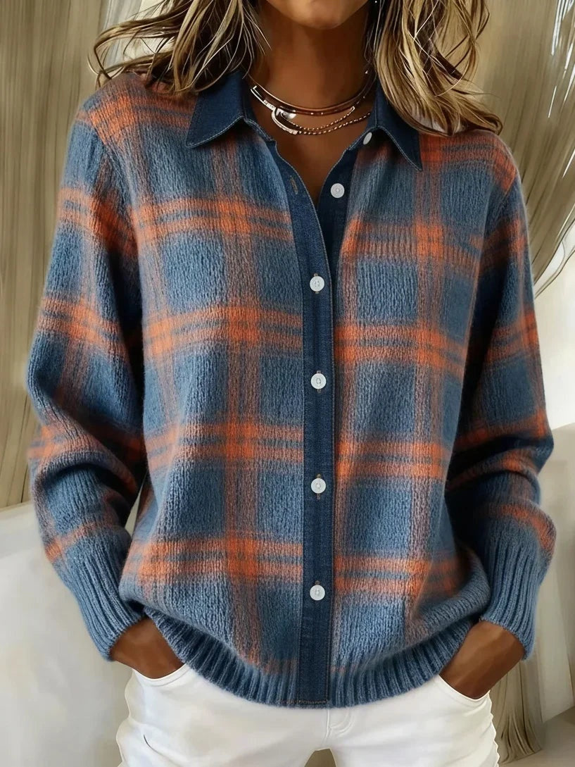 Hannah | Women's Striped Plaid Knit Cardigan Button Up Sweater