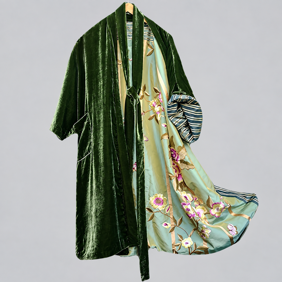 Josephine - Women's Velvet-Collar Floral Satin Cardigan Robe