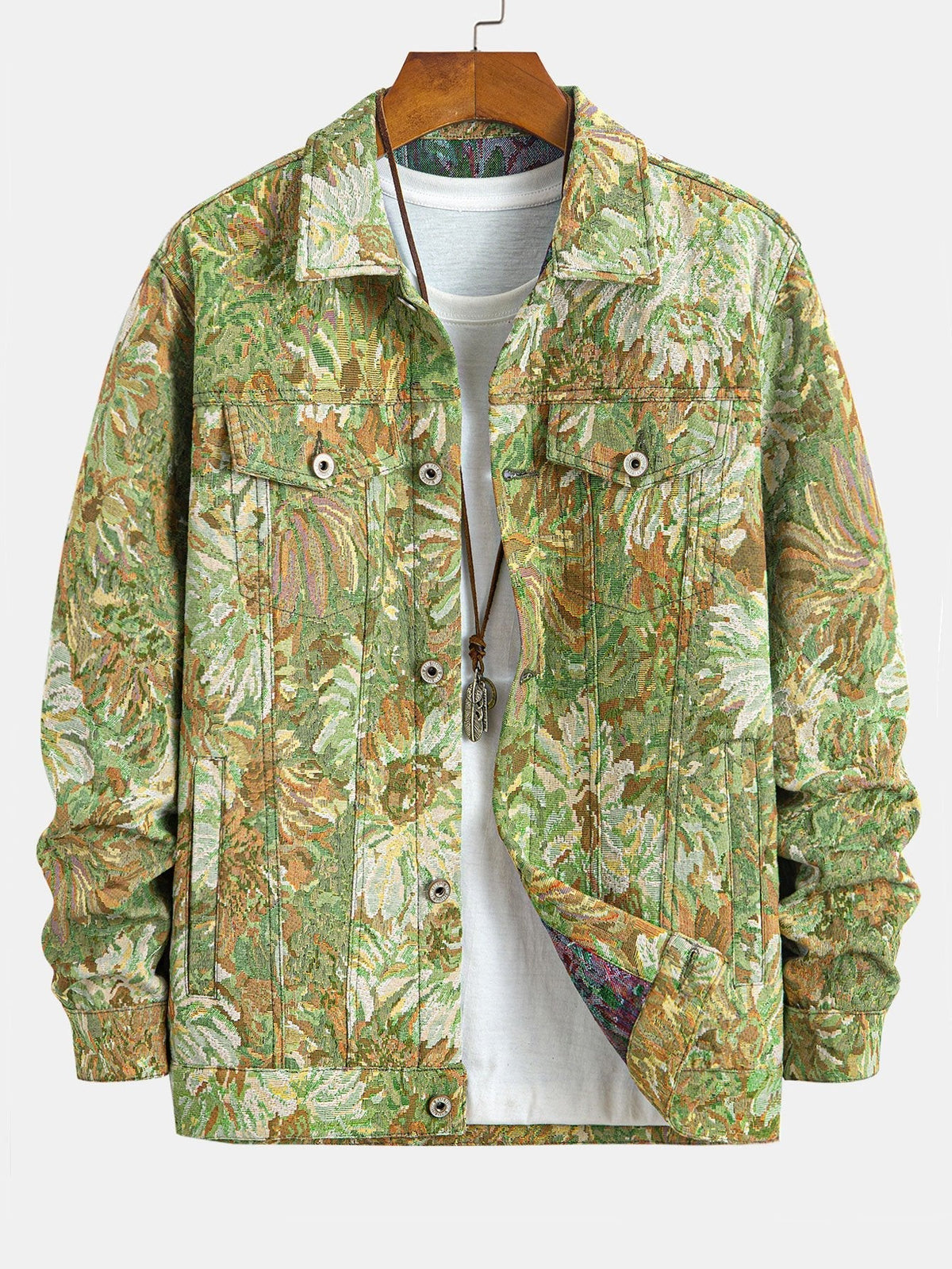 Men's Painted Floral Print Jacket – Vintage Botanical Pattern Button-Up Casual Outerwear with Chest Pockets for Spring and Autumn