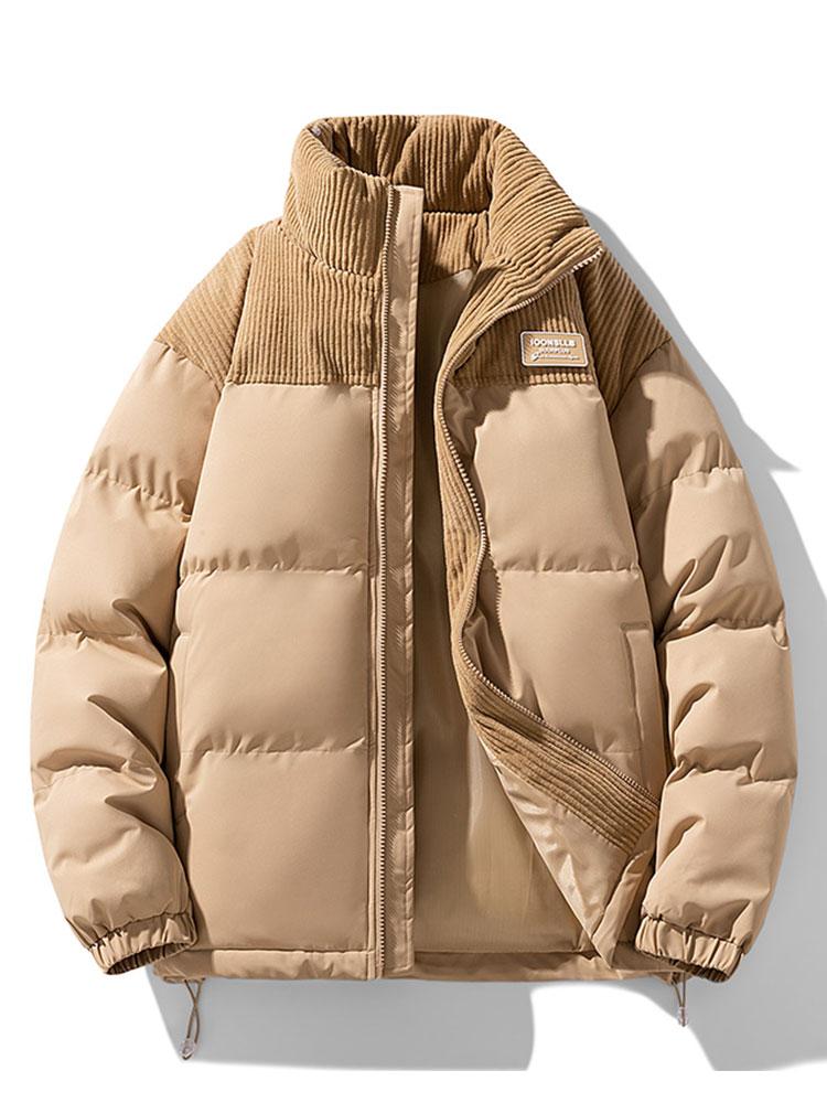 Men's Corduroy Panel Puffer Jacket – Warm High Collar Padded Winter Outerwear with Zip-Up Front and Adjustable Hem