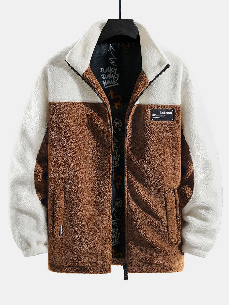 Men's Colourblock Teddy Fleece Jacket – Relaxed High Collar Zip-Up Outerwear with Pockets for Autumn and Winter
