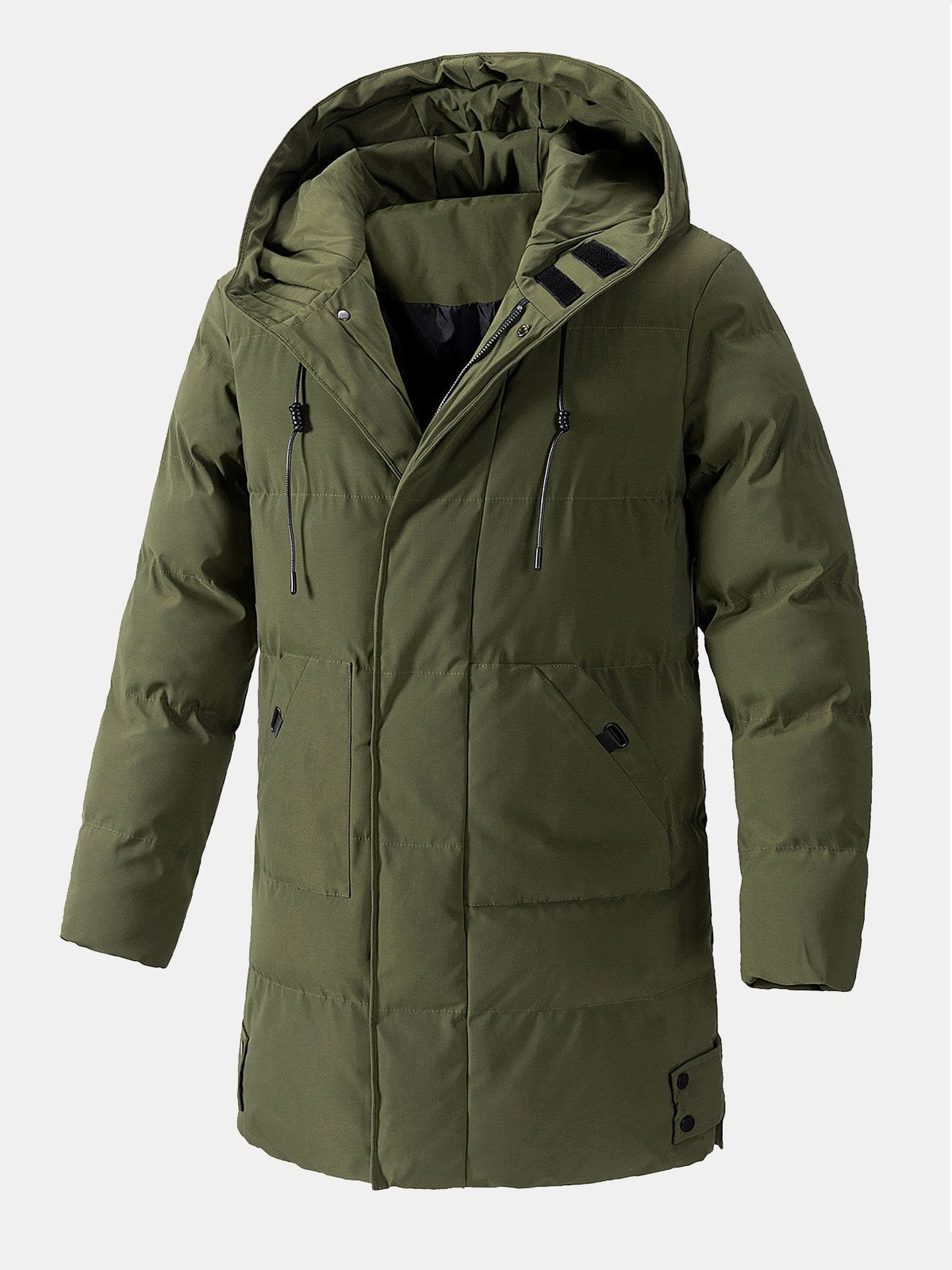 Men's Long Hooded Puffer Parka Coat – Warm Padded Winter Outerwear with Drawstring Hood and Practical Pockets