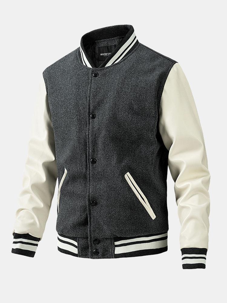 Men's Wool-Look Varsity Bomber Jacket with Faux Leather Sleeves – Classic College Style Outerwear for Autumn and Spring