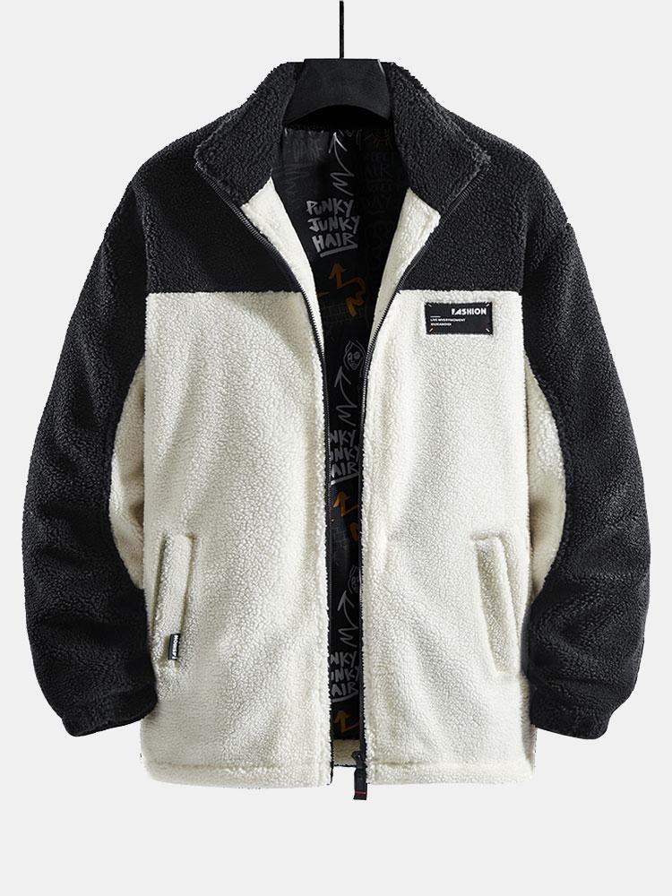 Men's Colourblock Teddy Fleece Jacket – Relaxed High Collar Zip-Up Outerwear with Pockets for Autumn and Winter
