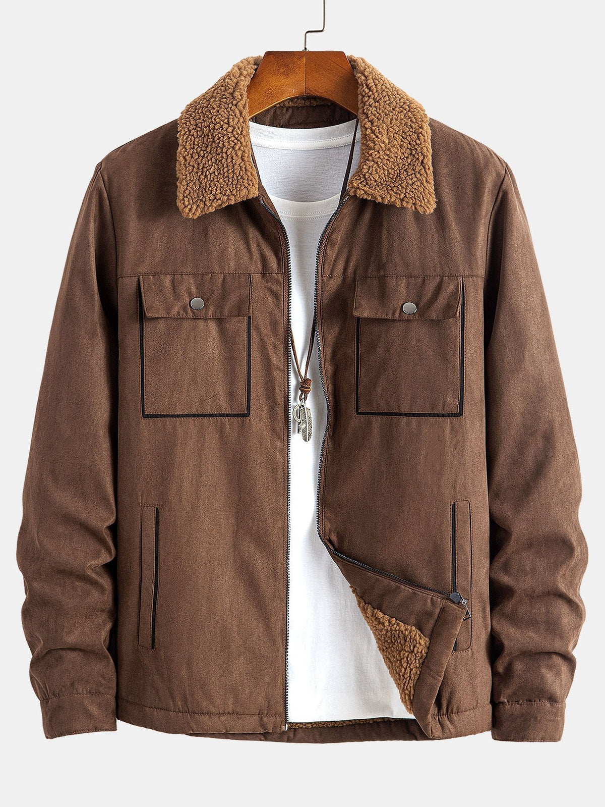 Men's Teddy-Lined Faux Suede Jacket – Warm Zip-Up Winter Outerwear with Borg Collar and Utility Pockets