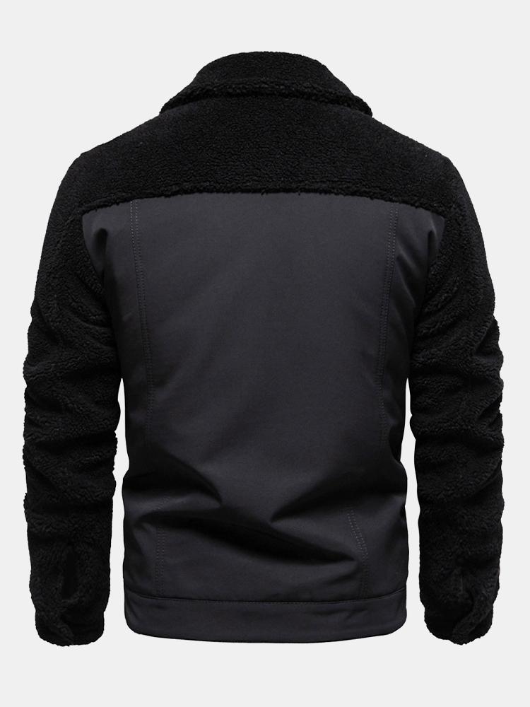 Men's Quilted-Lined Teddy Fleece Jacket – Warm Colour Block Winter Outerwear with Snap-Button Fastening and Utility Chest Pockets