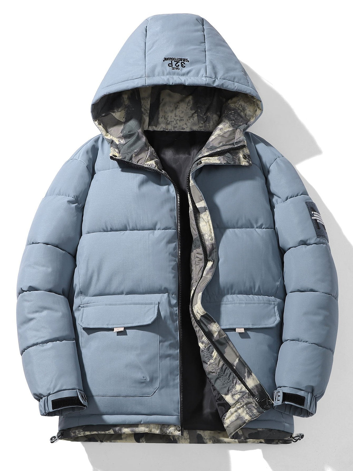 Men's Hooded Puffer Parka Jacket – Warm Padded Winter Coat with Camouflage Trim and Utility Pockets