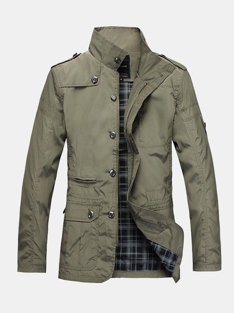 Men's Funnel Neck Utility Jacket – Military-Inspired Button and Zip-Up Casual Outerwear with Pockets for Spring and Autumn