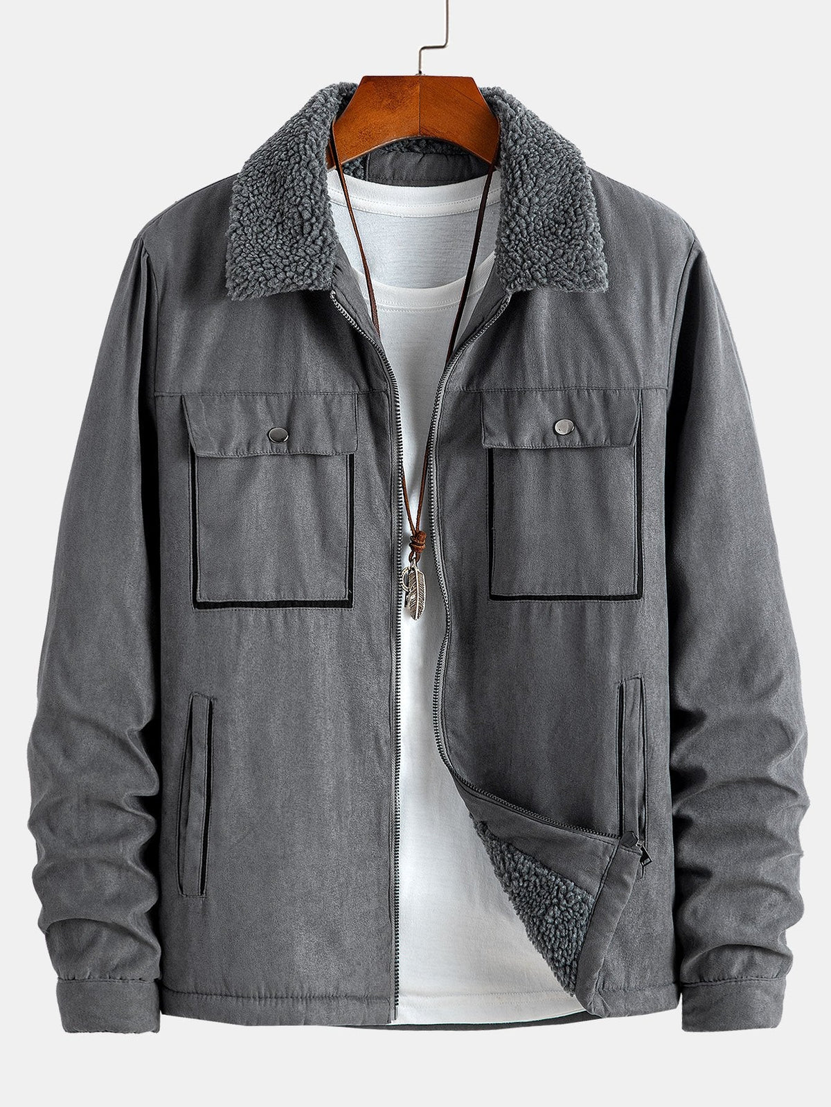 Men's Teddy-Lined Faux Suede Jacket – Warm Zip-Up Winter Outerwear with Borg Collar and Utility Pockets