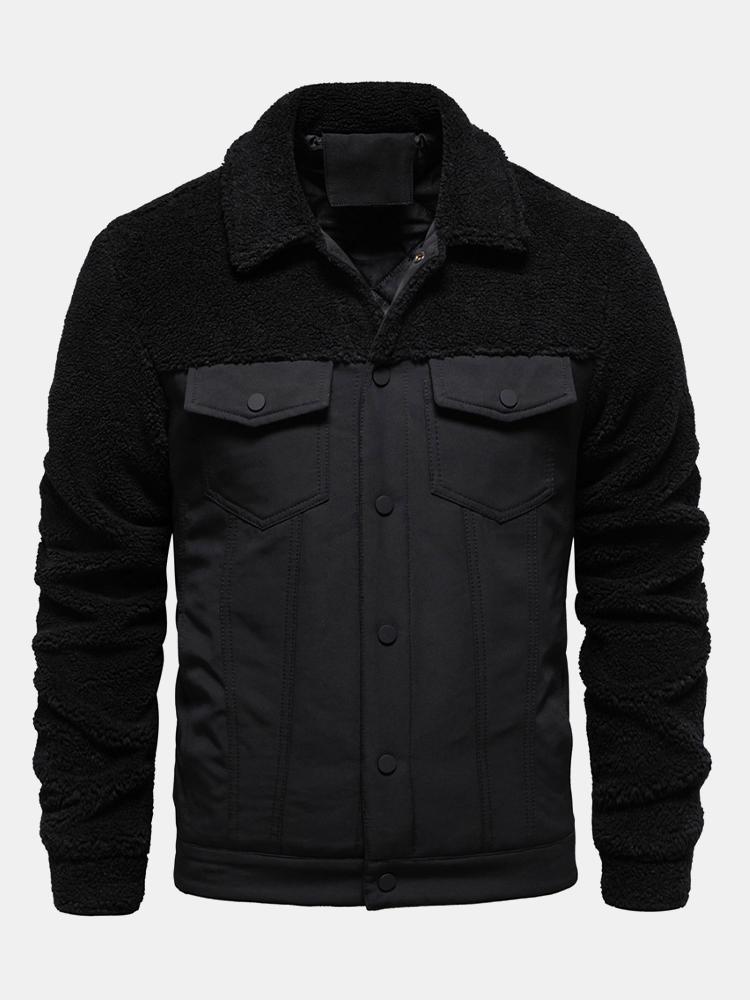 Men's Quilted-Lined Teddy Fleece Jacket – Warm Colour Block Winter Outerwear with Snap-Button Fastening and Utility Chest Pockets