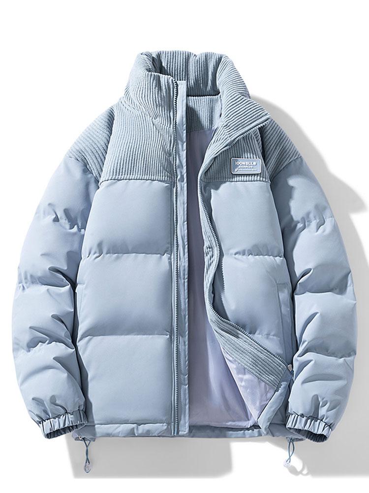 Men's Corduroy Panel Puffer Jacket – Warm High Collar Padded Winter Outerwear with Zip-Up Front and Adjustable Hem