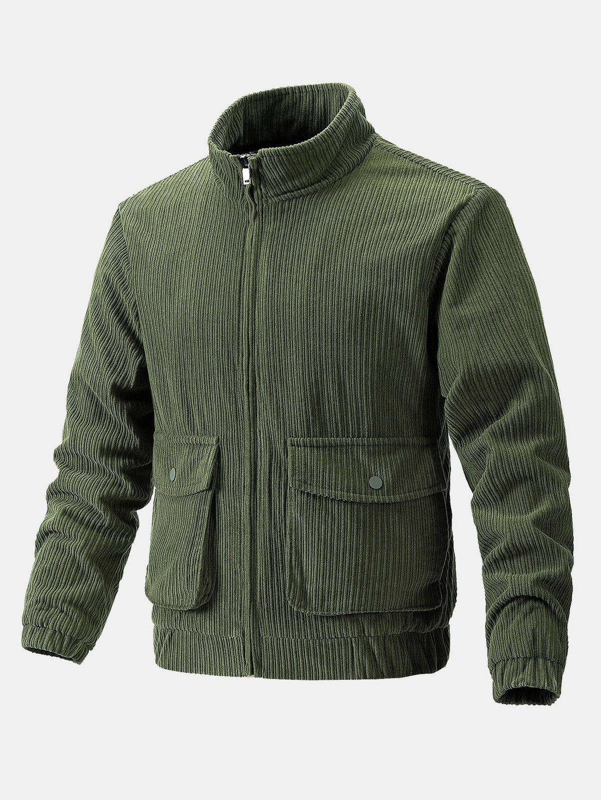 Men's Corduroy Funnel Neck Jacket – Textured Zip-Up Casual Outerwear with Utility Pockets for Autumn and Winter