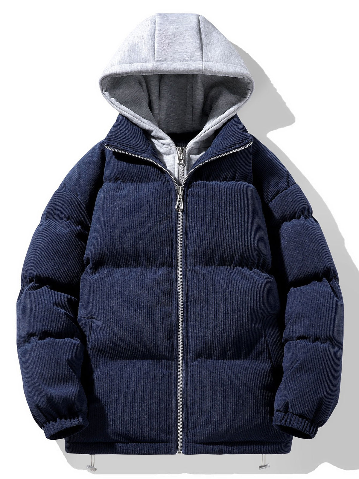 Men's Corduroy Hooded Puffer Jacket – Warm Padded Winter Outerwear with Layered Grey Hood and Zip Fastening