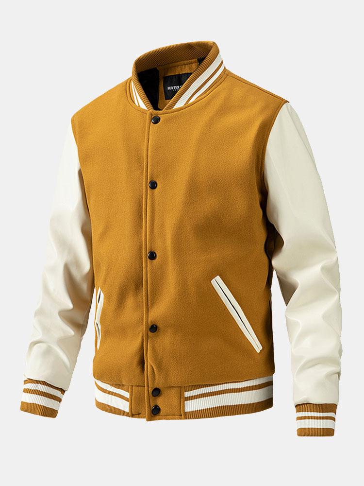 Men's Wool-Look Varsity Bomber Jacket with Faux Leather Sleeves – Classic College Style Outerwear for Autumn and Spring