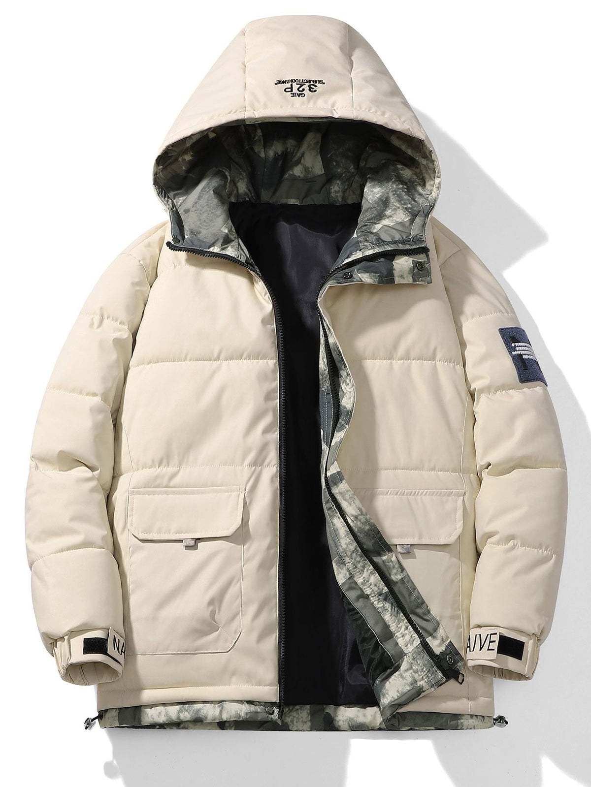Men's Hooded Puffer Parka Jacket – Warm Padded Winter Coat with Camouflage Trim and Utility Pockets