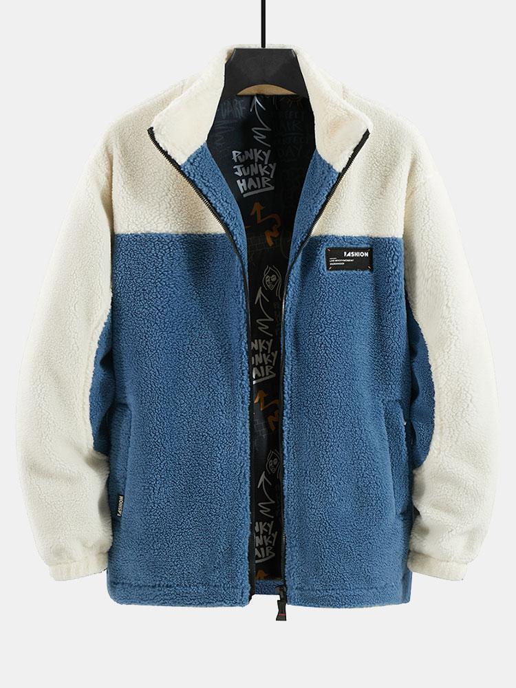 Men's Colourblock Teddy Fleece Jacket – Relaxed High Collar Zip-Up Outerwear with Pockets for Autumn and Winter