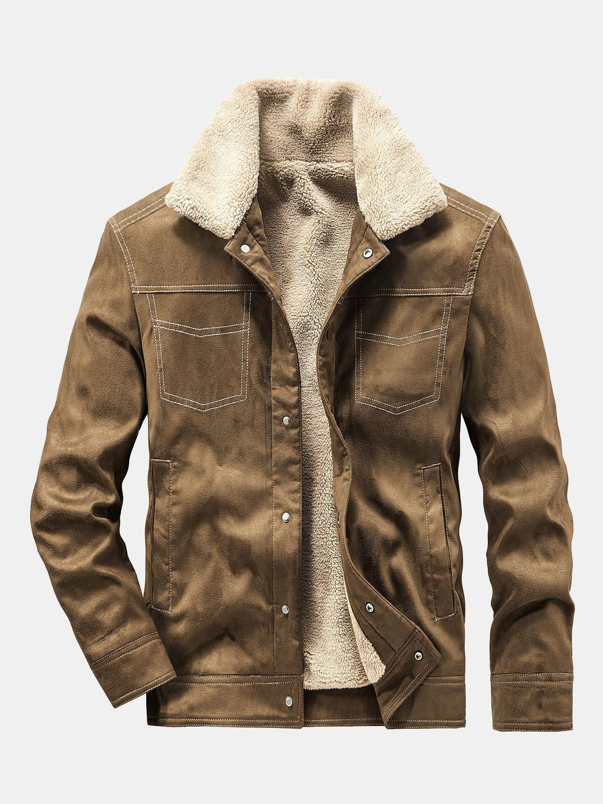 Men's Faux Suede Teddy-Lined Utility Jacket – Warm Sherpa Collar Button-Up Winter Outerwear with Chest Pockets and Vintage Workwear Styling