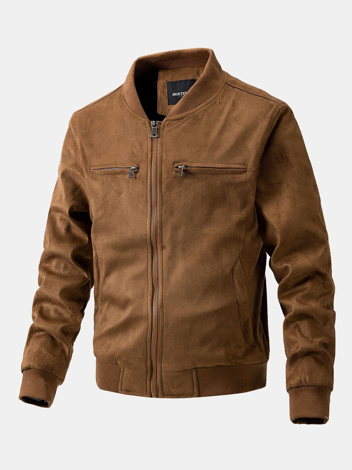 Men's Faux Suede Bomber Jacket – Quilted-Lined Zip-Up Outerwear with Zipped Chest Pockets and Ribbed Trims for Autumn